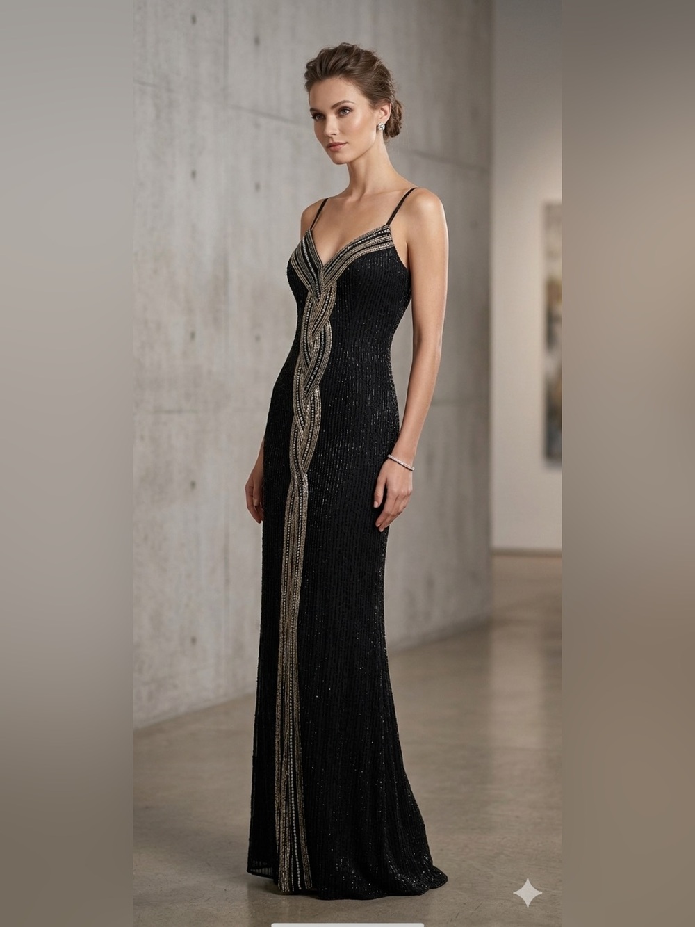 Black Beaded Maxi Gown with Gold Embellished Trim